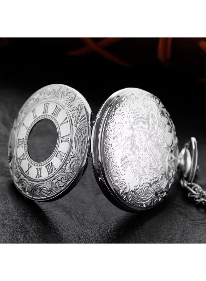 Men's Vintage Pocket Watch Silver Chain Retro Pendant Clock Arabic Numerals Dial TimepieceMen's Vintage Automatic Mechanical Pocket Watch Silver Fob Chain Retro Pendant Clock Arabic Numerals Dial Timepiece - Image 3