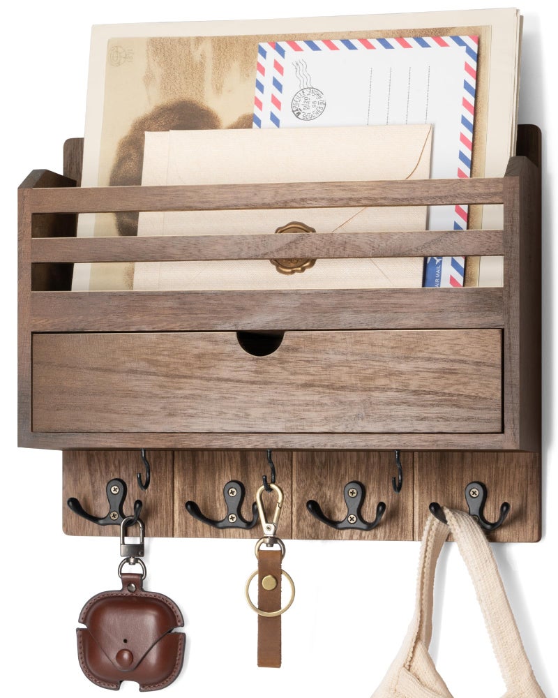 Rebee Vision Farmhouse Wood Mail Organizer Wall Mount Key and Mail Holder for Wall with Storage Drawer and 7 Key Hooks Rustic Home Decor for Entryway Office and Garage Retro Brown - Image 2