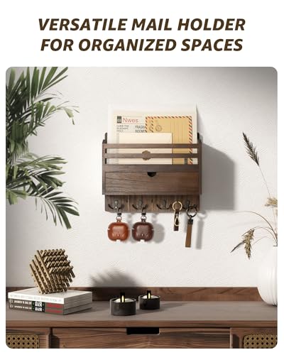 Rebee Vision Farmhouse Wood Mail Organizer Wall Mount Key and Mail Holder for Wall with Storage Drawer and 7 Key Hooks Rustic Home Decor for Entryway Office and Garage Retro Brown - Image 3