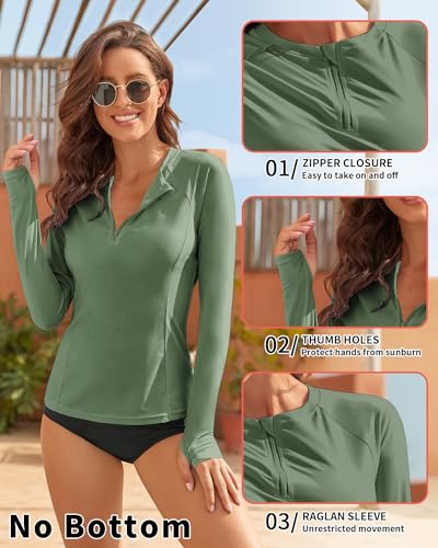 WOWENY Women Rash Guard Long Sleeve UPF 50 Swim Shirts SPF Sun Protection Swimsuit Top No Bottom(A-Green, Large) - Image 4
