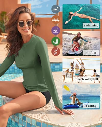WOWENY Women Rash Guard Long Sleeve UPF 50 Swim Shirts SPF Sun Protection Swimsuit Top No Bottom(A-Green, Large) - Image 5