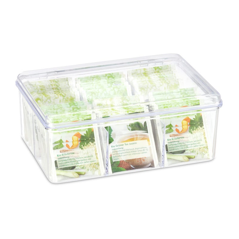 Relaxdays 10027797 Tea Box 6 Compartments 90 Teabags with Hinged Lid FlavourPreserving HxWxD 9 x 215 x 145 cm Transparent PS