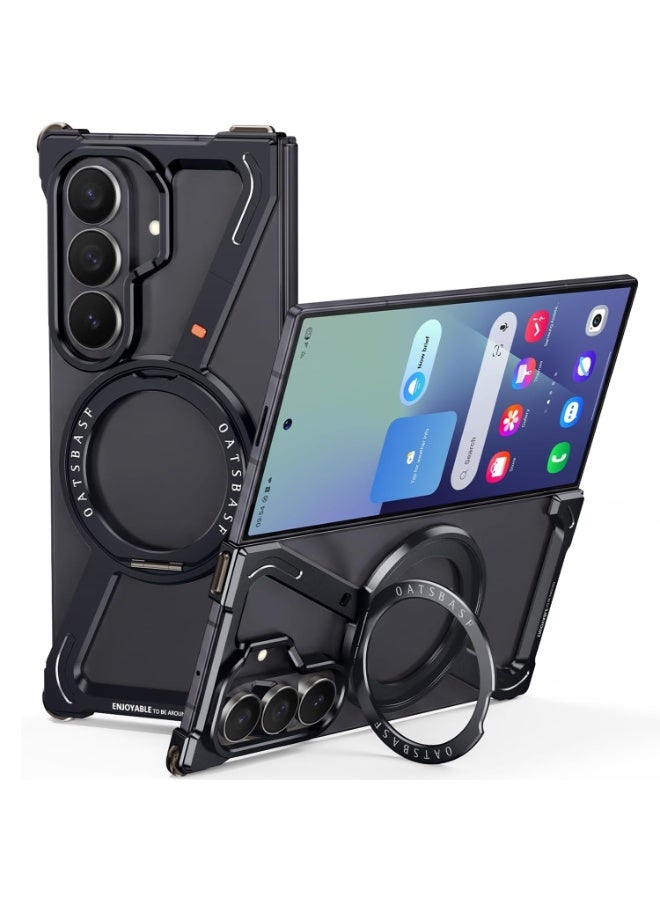 أوتس باسف جراب لهاتف Samsung Galaxy Z Fold 8 Ultra، إطار معدني من الألومنيوم بتصميم مفتوح (بدون إطار خلفي) مع مسند قابل للدوران بزاوية 360 درجة، لون أسود. - Image 1