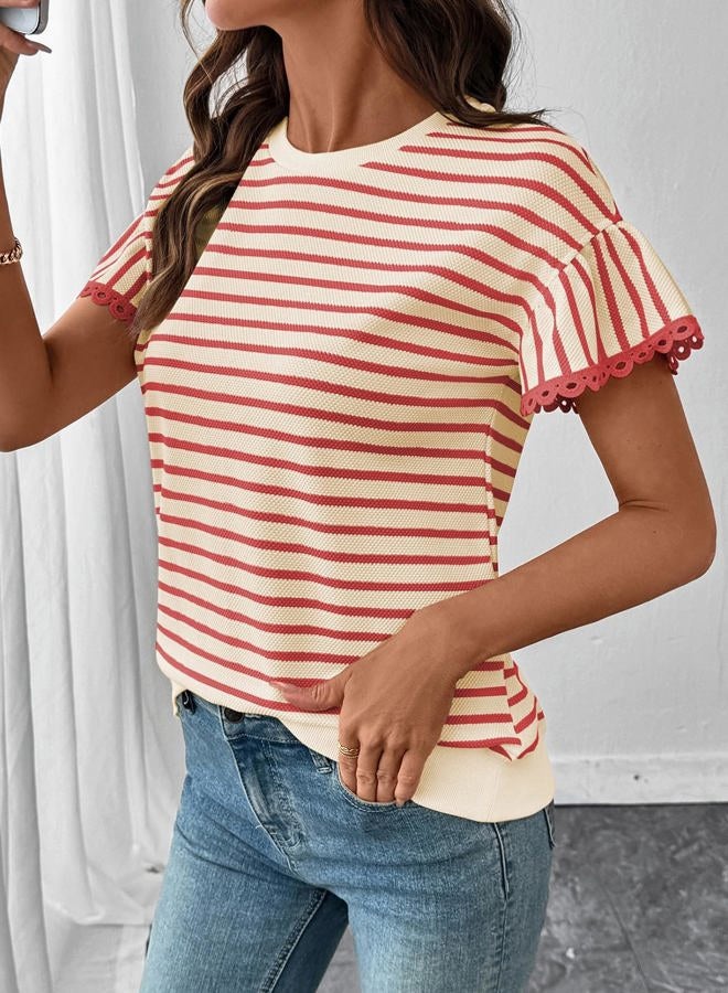 Shein Women Summer Loose Fit Tops Trendy Rib Knit Stripe Shirt 2026, Beige and Red, S - Image 2
