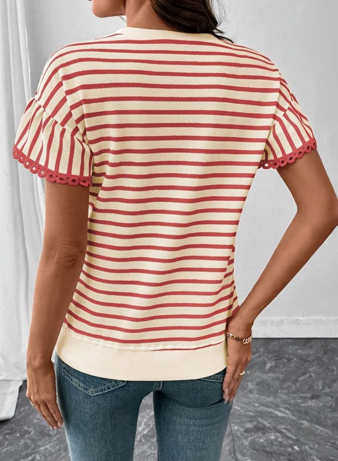 Shein Women Summer Loose Fit Tops Trendy Rib Knit Stripe Shirt 2026, Beige and Red, S - Image 3