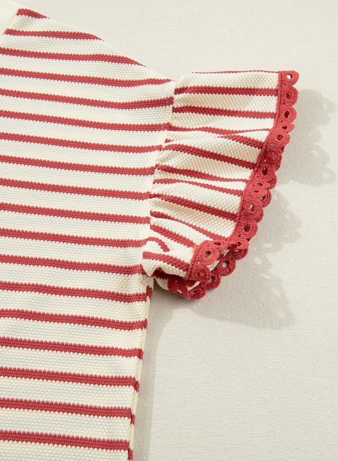 Shein Women Summer Loose Fit Tops Trendy Rib Knit Stripe Shirt 2026, Beige and Red, S - Image 5