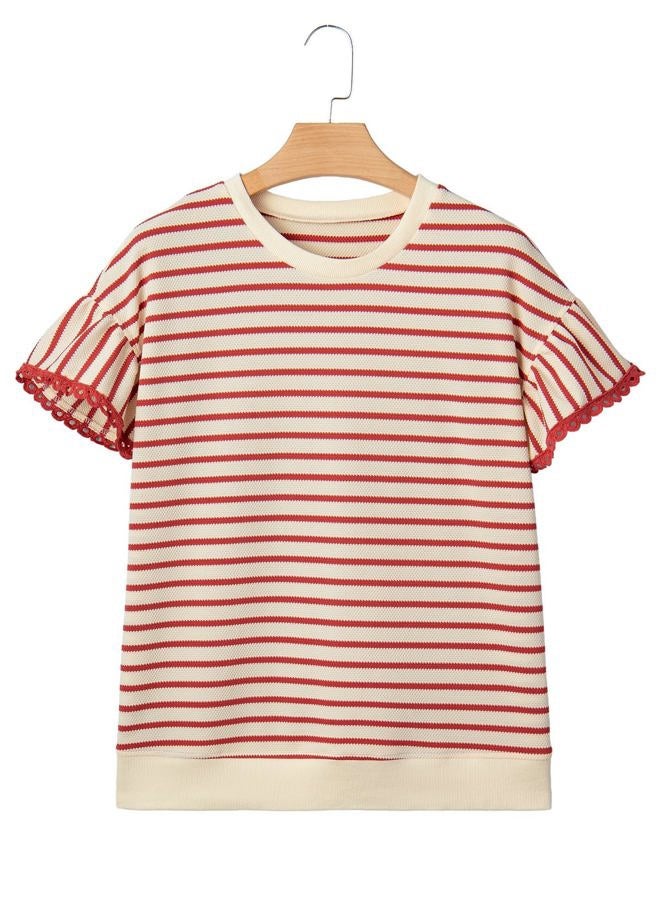 Shein Women Summer Loose Fit Tops Trendy Rib Knit Stripe Shirt 2026, Beige and Red, S - Image 4