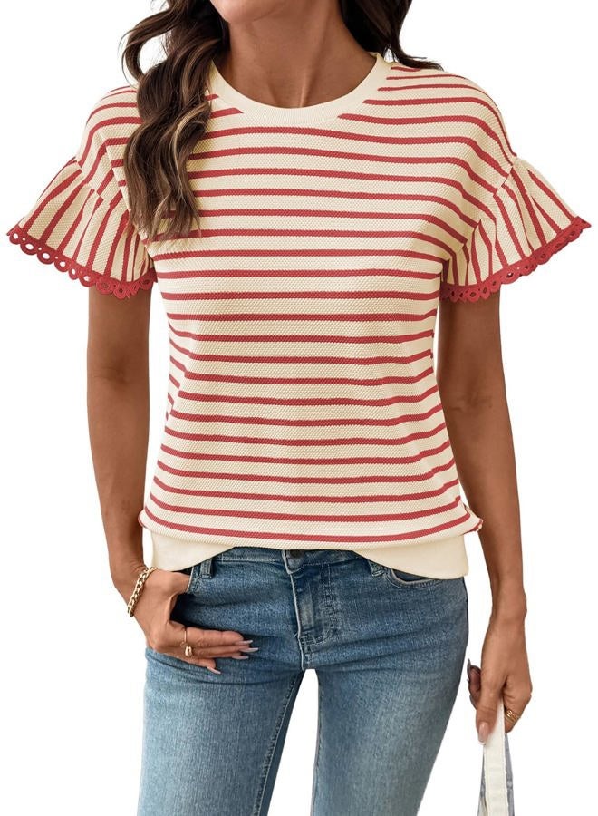 Shein Women Summer Loose Fit Tops Trendy Rib Knit Stripe Shirt 2026, Beige and Red, S - Image 1