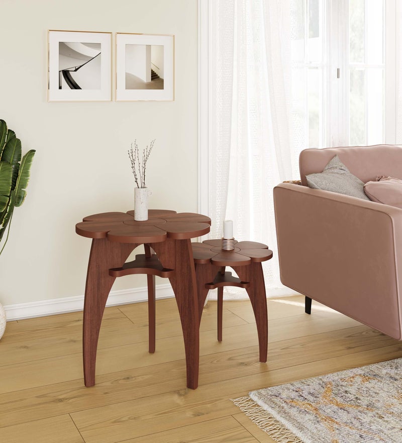 Raytrees Engineered Flower Shaped End Table for Living| Drawing Room | Wooden Peg Table | Corner Sofa Side Table with Magazine & Newspaper Storage | Walnut (Modern-P) (RT-K) - Image 1