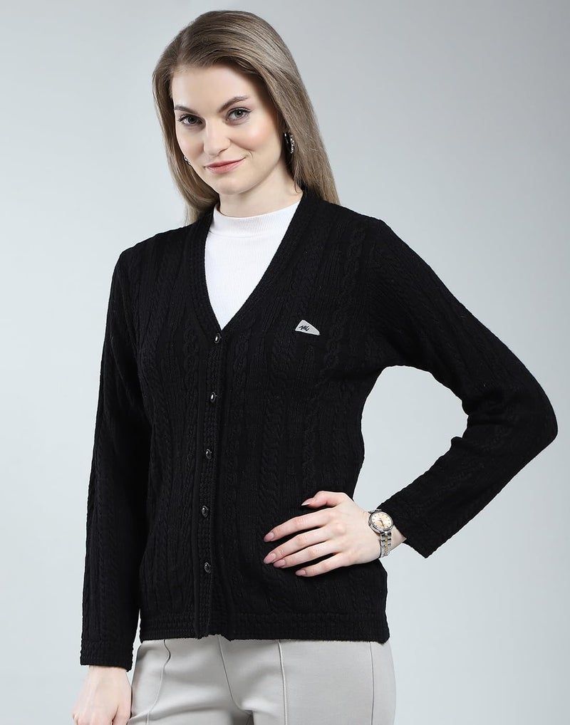 Monte Carlo Women Woolen Regular Fit Cardigan | Winter Sweater | V Neck | Button Closure |Full Sleeve with Self Design Knitted Cardigan for Women's Black XL (Pack of 1) - Image 2