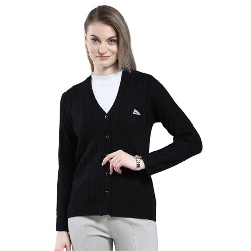 Monte Carlo Women Woolen Regular Fit Cardigan | Winter Sweater | V Neck | Button Closure |Full Sleeve with Self Design Knitted Cardigan for Women's Black XL (Pack of 1) - Image 1