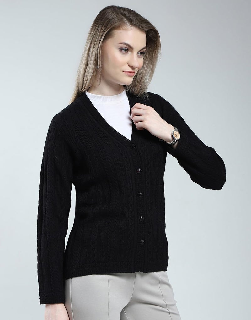 Monte Carlo Women Woolen Regular Fit Cardigan | Winter Sweater | V Neck | Button Closure |Full Sleeve with Self Design Knitted Cardigan for Women's Black XL (Pack of 1) - Image 3