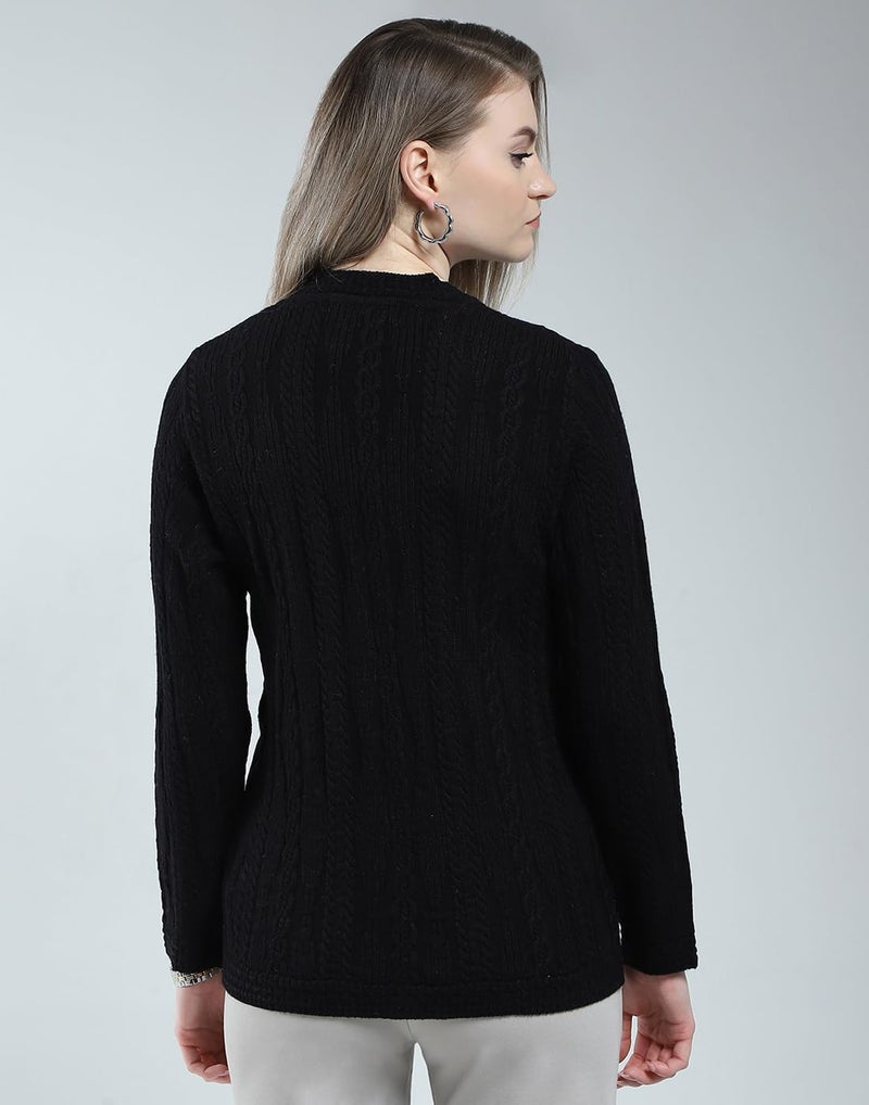 Monte Carlo Women Woolen Regular Fit Cardigan | Winter Sweater | V Neck | Button Closure |Full Sleeve with Self Design Knitted Cardigan for Women's Black XL (Pack of 1) - Image 4