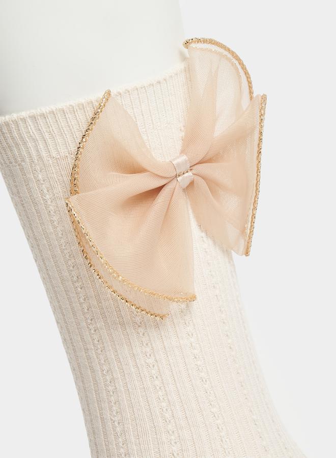 Styli Mesh Bow Tie Applique Mid Length Sock - Image 2