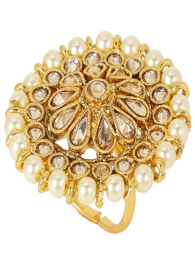 Efulgenz Indian Jewelry Rings Bollywood Rings Traditional Round Faux Pearl Crystal Kundan Adjustable Big Ring Finger Jewelry for Women - Image 5