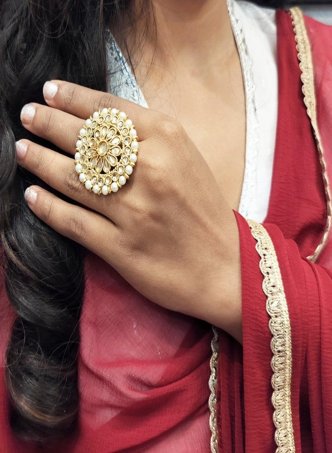 Efulgenz Indian Jewelry Rings Bollywood Rings Traditional Round Faux Pearl Crystal Kundan Adjustable Big Ring Finger Jewelry for Women - Image 3