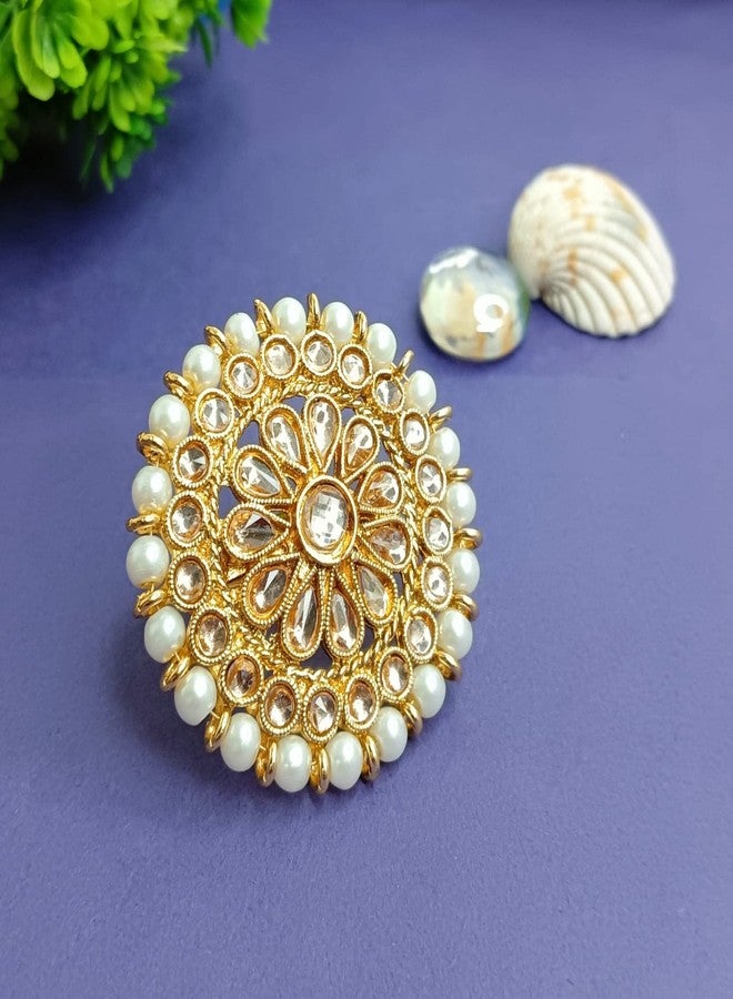 Efulgenz Indian Jewelry Rings Bollywood Rings Traditional Round Faux Pearl Crystal Kundan Adjustable Big Ring Finger Jewelry for Women - Image 2