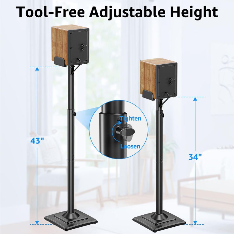 MOUNTUP Universal Speakers Stands Pair 34" to 43.3" Height Adjustable Holds Bookshelf Speakers Satellite Speakers Up to 11LBS Cable Concealing 1 Pair Spring-Loaded Plate Extends to 10" MU9138 Black - Image 4
