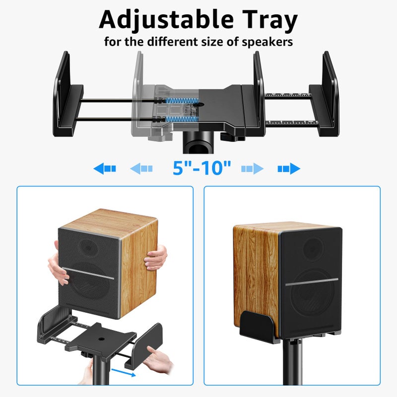 MOUNTUP Universal Speakers Stands Pair 34" to 43.3" Height Adjustable Holds Bookshelf Speakers Satellite Speakers Up to 11LBS Cable Concealing 1 Pair Spring-Loaded Plate Extends to 10" MU9138 Black - Image 3