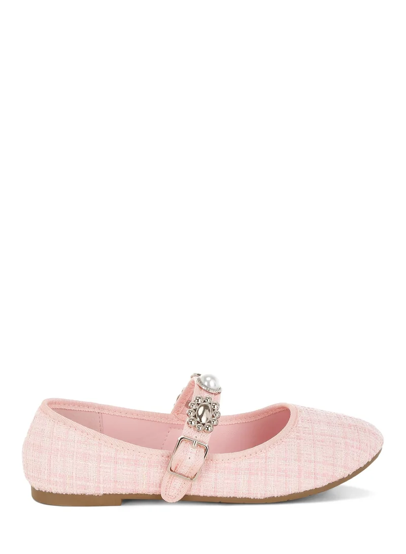 لندن راج حذاء ماري جينز من التويد مزين بزخارف ساحرة باللون الوردي.