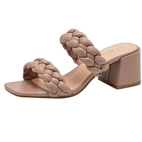 Athlefit Women's Braided Heeled Sandals Strappy Square Open Toe Heels Backless Mules Slip On Block Heels Nude Size 8.5 - Image 1