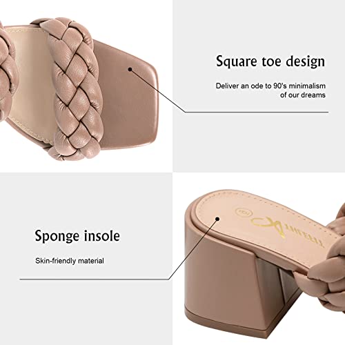 Athlefit Women's Braided Heeled Sandals Strappy Square Open Toe Heels Backless Mules Slip On Block Heels Nude Size 8.5 - Image 4