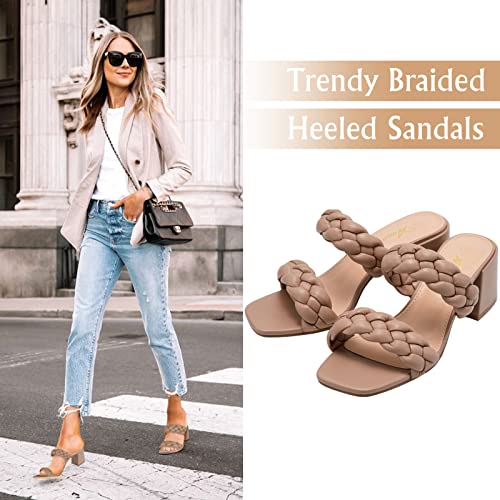 Athlefit Women's Braided Heeled Sandals Strappy Square Open Toe Heels Backless Mules Slip On Block Heels Nude Size 8.5 - Image 2