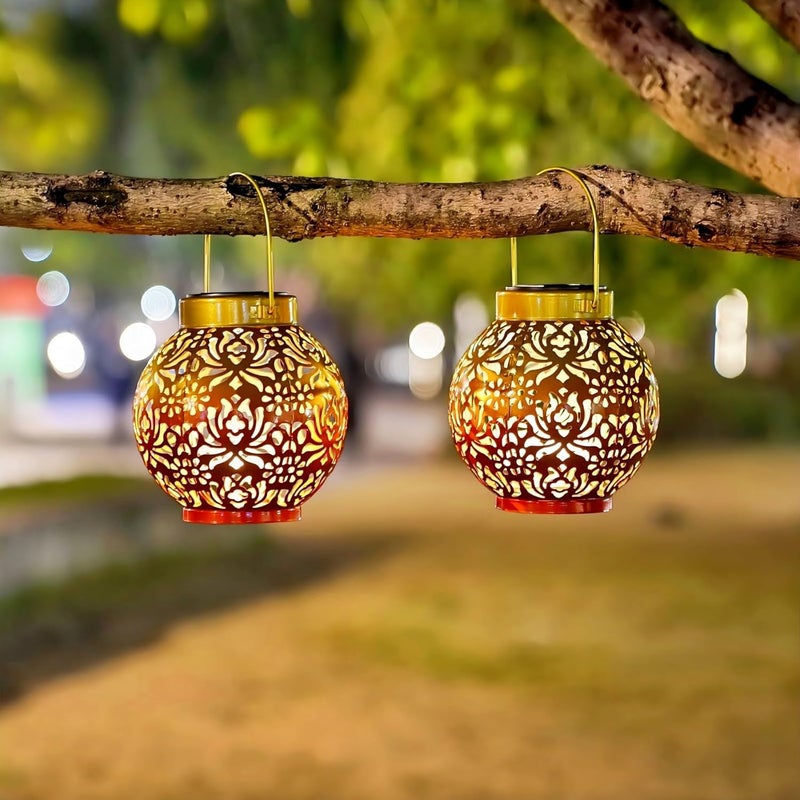 EXCMARK 2 Pack Outdoor Solar Hanging Lantern Lights Metal LED Decorative Lamp for Garden Patio Courtyard Lawn and Table with Hollowed-Out Design (Sunset Blaze) - Image 5