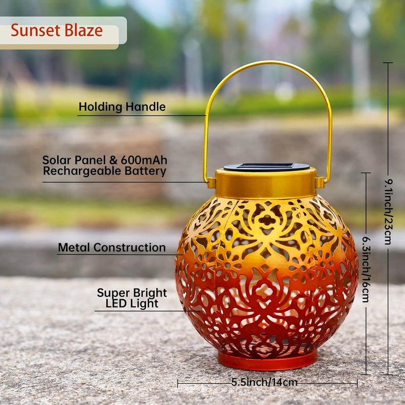 EXCMARK 2 Pack Outdoor Solar Hanging Lantern Lights Metal LED Decorative Lamp for Garden Patio Courtyard Lawn and Table with Hollowed-Out Design (Sunset Blaze) - Image 2