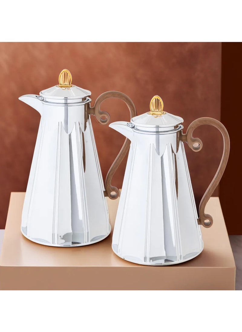 ALASKA - Thermos Set Two Pieces for Tea and Coffee silver and gold with wood hand - Image 1