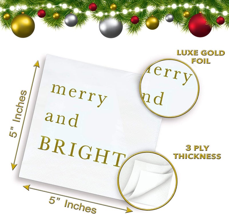 Sunshine Supply Merry Bright Christmas Cocktail Napkins - Gold Foil 3-Ply Disposable Holiday Napkins for Christmas Parties, Holiday Hosting and Festive Cocktail Bars - Image 5