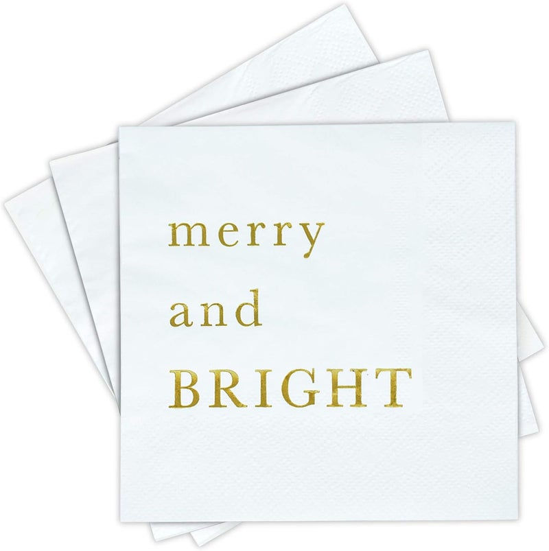 Sunshine Supply Merry Bright Christmas Cocktail Napkins - Gold Foil 3-Ply Disposable Holiday Napkins for Christmas Parties, Holiday Hosting and Festive Cocktail Bars - Image 1