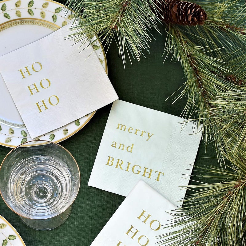 Sunshine Supply Merry Bright Christmas Cocktail Napkins - Gold Foil 3-Ply Disposable Holiday Napkins for Christmas Parties, Holiday Hosting and Festive Cocktail Bars - Image 2