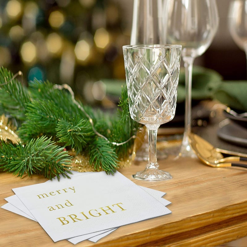 Sunshine Supply Merry Bright Christmas Cocktail Napkins - Gold Foil 3-Ply Disposable Holiday Napkins for Christmas Parties, Holiday Hosting and Festive Cocktail Bars - Image 4