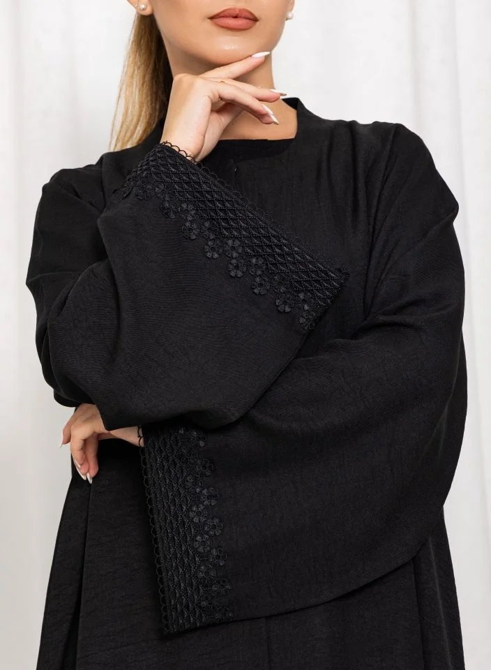 Nikias Black Hamriya Crepe Abaya with Lace on Sleeves