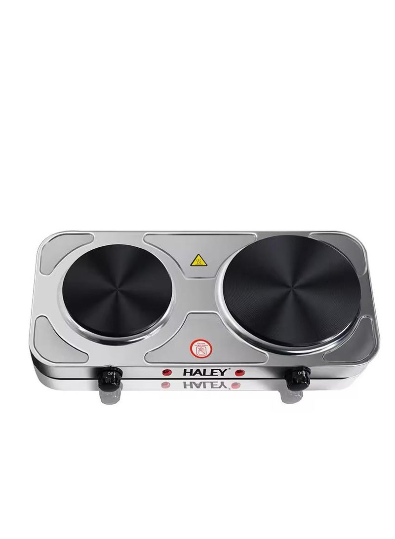 Haley Stainless Steel Dual Hot Plate - Portable & Compact - Cast Iron Heating Element - On/Off Indicator Lights - Non-Slip Feet - Durable Stainless Steel Housing - Black/Silver  - Image 1