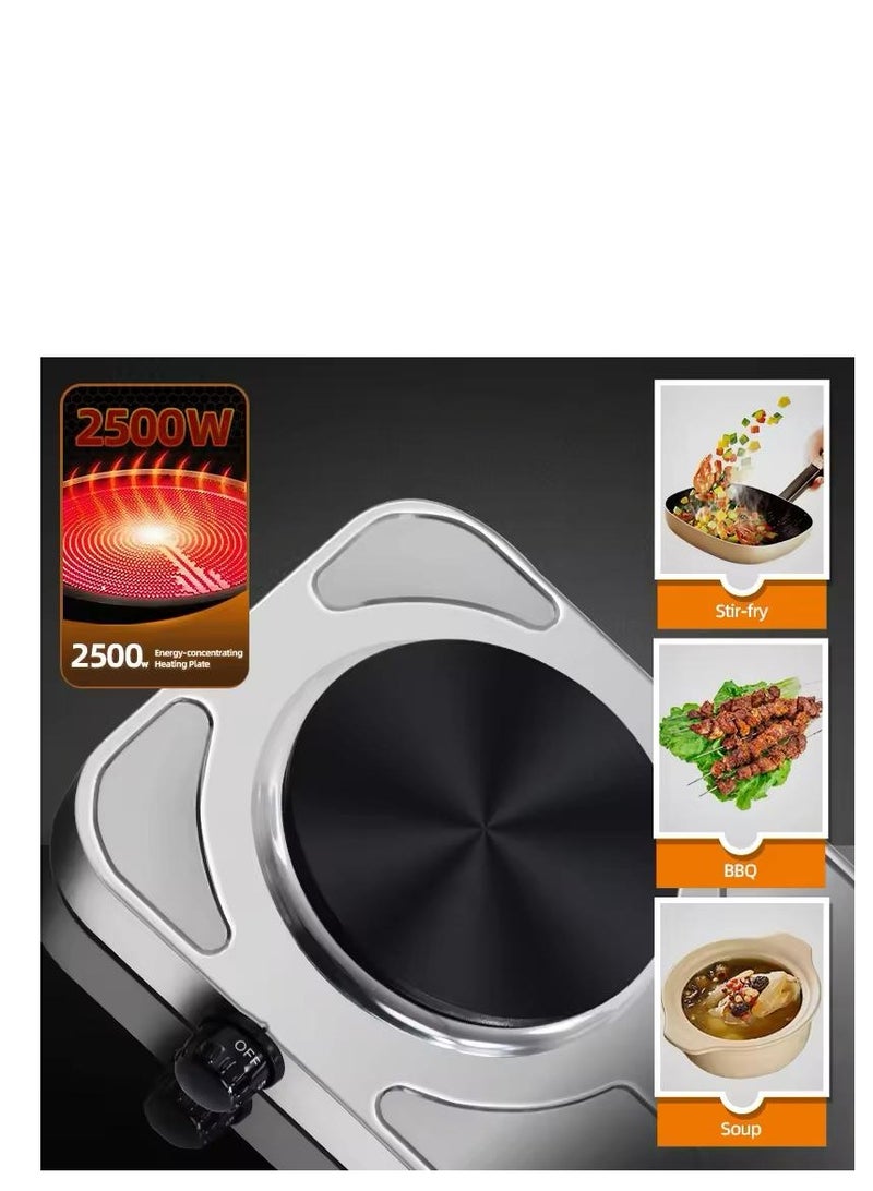 Haley Stainless Steel Dual Hot Plate - Portable & Compact - Cast Iron Heating Element - On/Off Indicator Lights - Non-Slip Feet - Durable Stainless Steel Housing - Black/Silver  - Image 2