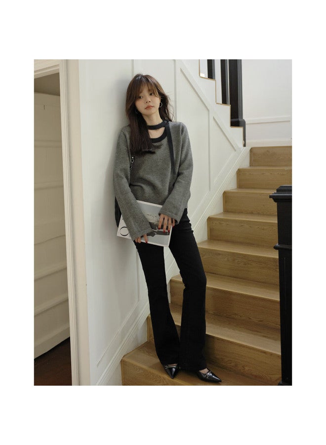 Mt [elegant Openwork Collar] 2025 Spring And Autumn Flared Long-sleeve Contrasting Color Knitted Sweater For Women, Gray, M - Image 4