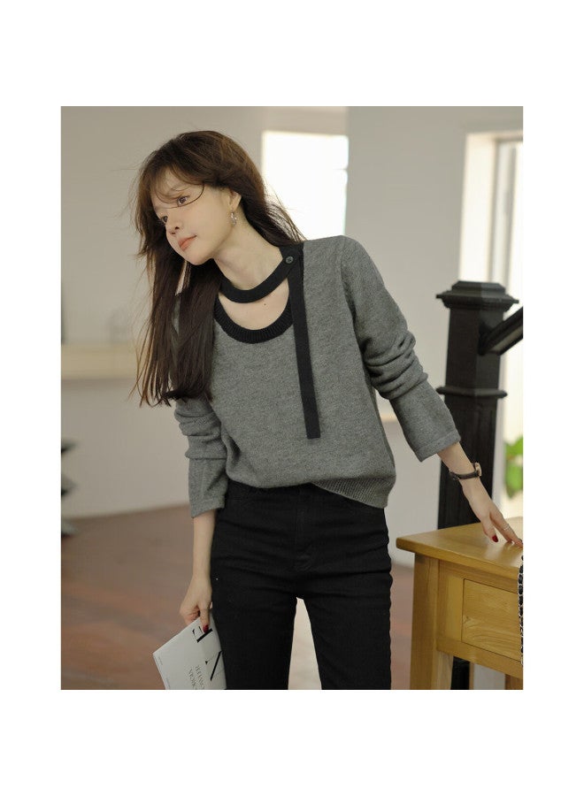 Mt [elegant Openwork Collar] 2025 Spring And Autumn Flared Long-sleeve Contrasting Color Knitted Sweater For Women, Gray, M - Image 3