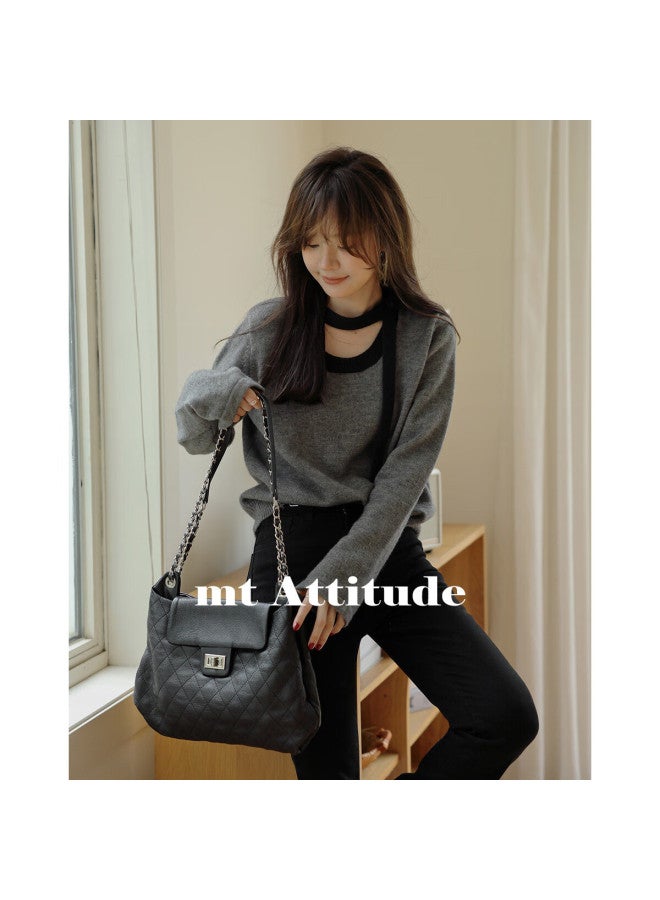 Mt [elegant Openwork Collar] 2025 Spring And Autumn Flared Long-sleeve Contrasting Color Knitted Sweater For Women, Gray, M - Image 1