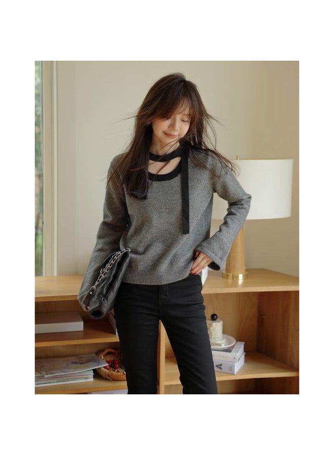Mt [elegant Openwork Collar] 2025 Spring And Autumn Flared Long-sleeve Contrasting Color Knitted Sweater For Women, Gray, M - Image 5