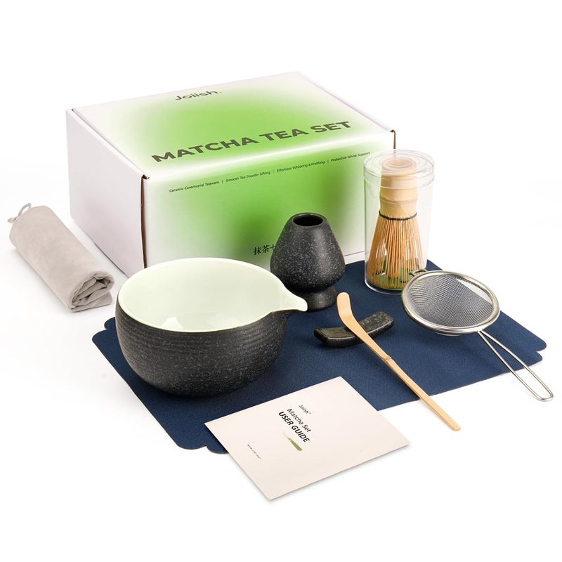 Joiish 7 Pcs Matcha Kit Set Matcha Whisk and Bowl with Spout Powder Sifter Whisk Holder Bamboo Scoop and Scoop Rest Perfect Prepare Tools for Making Matcha Tea Charcoal Grey