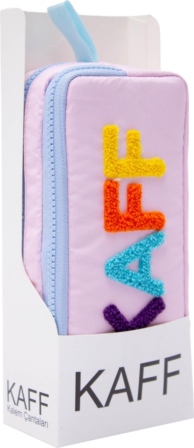 Kaff 01108 Pink Color Blue Zippered Waterproof Bondit Fabric Plush Printed Double Compartment Pencil Case  - Image 2