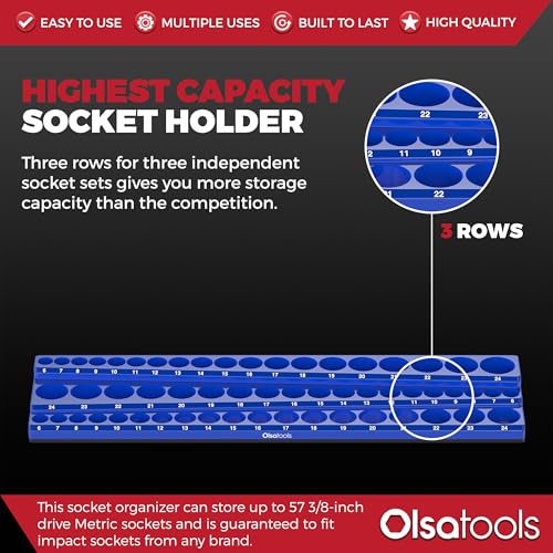 Olsa Tools Magnetic Socket Organizer (3/8-Inch Drive, 3 Row) - Magnetic Tool Organizer & Socket Holder - Tool Box Socket Organizers - Metric Blue - Holds 54 Sockets - Professional Grade - Part: 1556 - Image 2