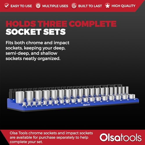 Olsa Tools Magnetic Socket Organizer (3/8-Inch Drive, 3 Row) - Magnetic Tool Organizer & Socket Holder - Tool Box Socket Organizers - Metric Blue - Holds 54 Sockets - Professional Grade - Part: 1556 - Image 3