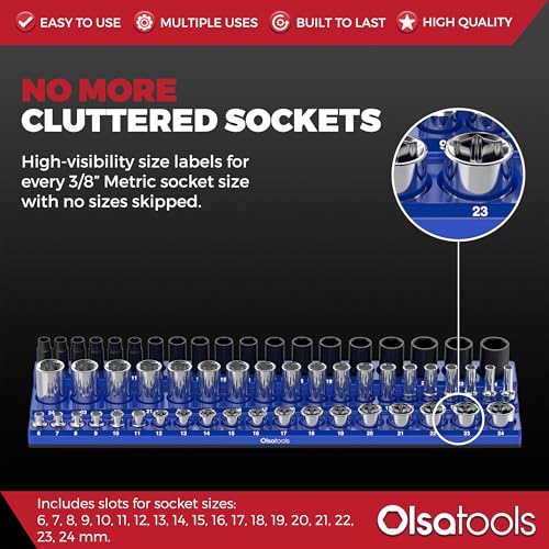 Olsa Tools Magnetic Socket Organizer (3/8-Inch Drive, 3 Row) - Magnetic Tool Organizer & Socket Holder - Tool Box Socket Organizers - Metric Blue - Holds 54 Sockets - Professional Grade - Part: 1556 - Image 4