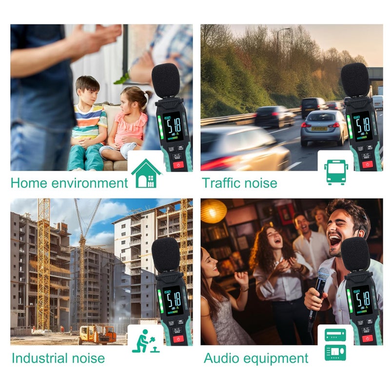 مقياس ديسيبل FY8837 مع ترجيح A/C، مقياس مستوى صوت رقمي من 30 إلى 130 ديسيبل، جهاز فحص ضوضاء محمول عالدقة مع شاشة LCD ملونة، جهاز قياس ضوضاء منزلي مع وظائف الحد الأقصى (MAX) والحفاظ على البيانات (Data Hold) و - Image 4
