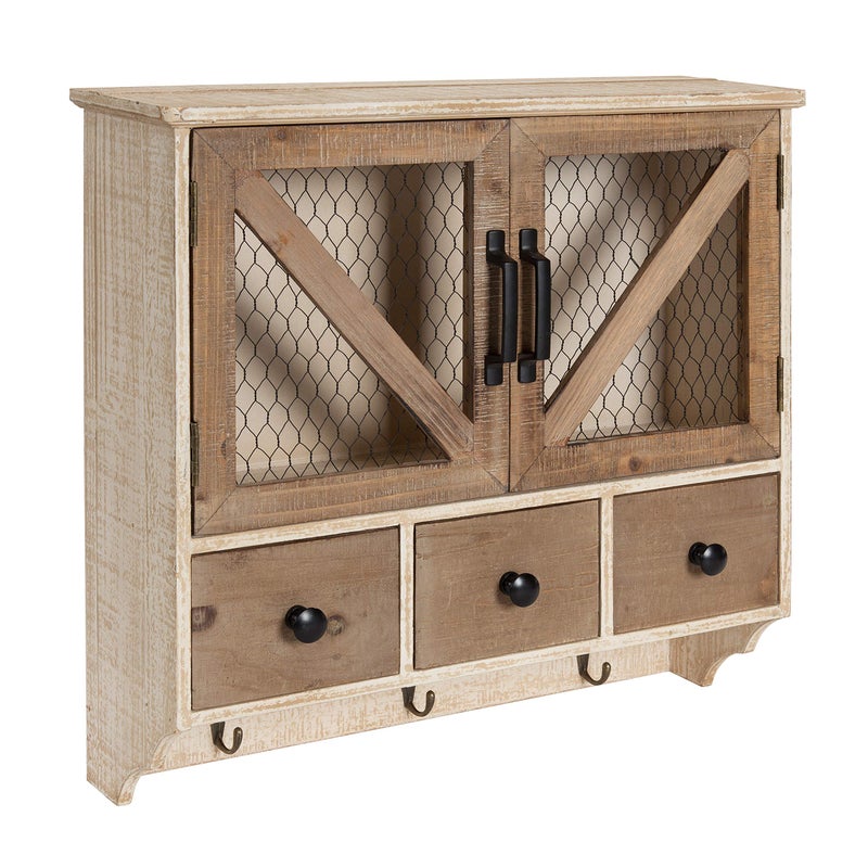 Kate and Laurel Hutchins Wooden Farmhouse Wall Cabinet 21 x 6 x 20 Rustic Brown and White Decorative Rustic Cabinet with Three Drawers and 2 Chicken Wire Doors