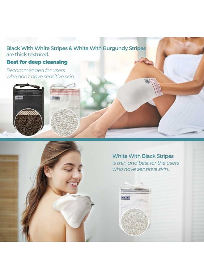 Cacala (White with Burgundy Stripes) - Turkish Exfoliating Gloves - Face & Body Exfoliation Mitts - Bath Hammam Spa Exfoliator Kese Glove - Body Scrub Glove To Remove Dead Skin - Brighten & Soften Skin - ... - Image 2