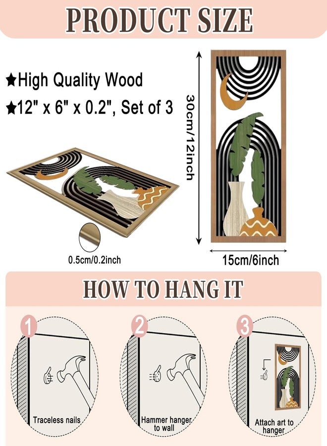 Funvalley Surperfect Boho Abstract Wall Art Set of 3 - Modern Wooden Wall Decor with Geometric & Botanical Designs, Mid-Century Minimalist Aesthetic for Living Room, Bedroom, Office - 30x15cm - Image 4